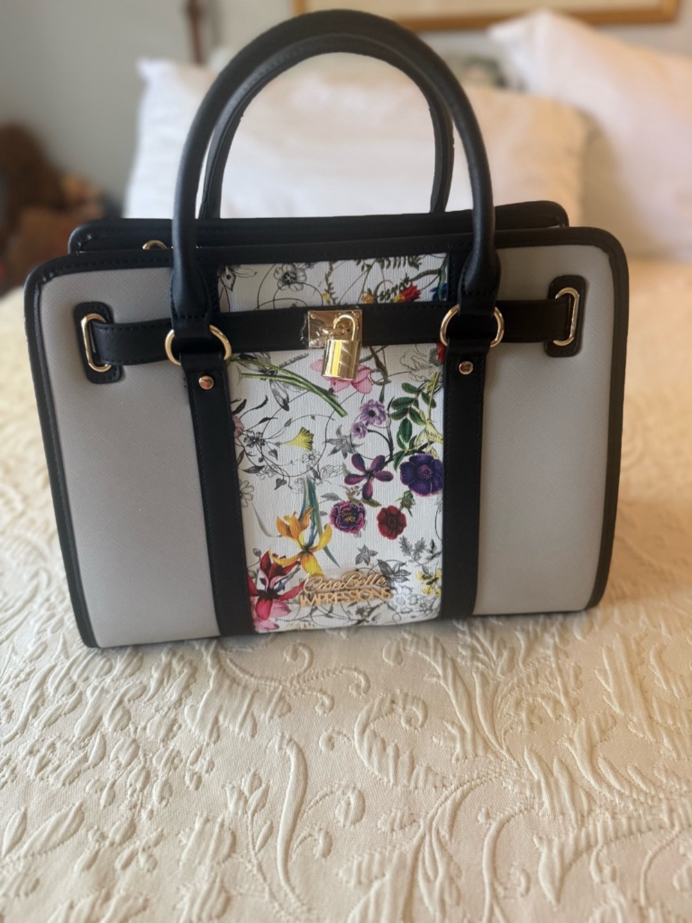 New-COSE Belle Impressions floral Accent Gray and Black Satchel Handbag